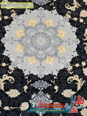 فرش طلاکوب 700 شانه طرح ویکتوریا زمینه سرمه‌ای کاشان زمینه