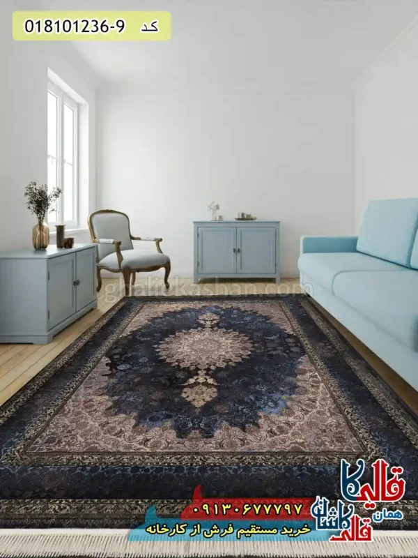 فرش طلاکوب وینتیج 1200 شانه طرح اصفهان زمینه سرمه ای کاشان دکوراسیون