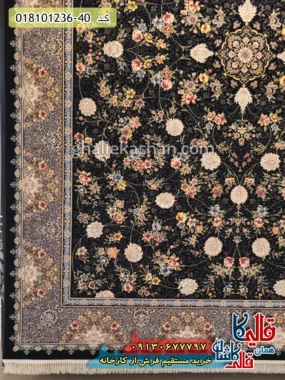 فرش 1200 شانه طرح افشان پرنیان زمینه سرمه ای کاشان حاشیه