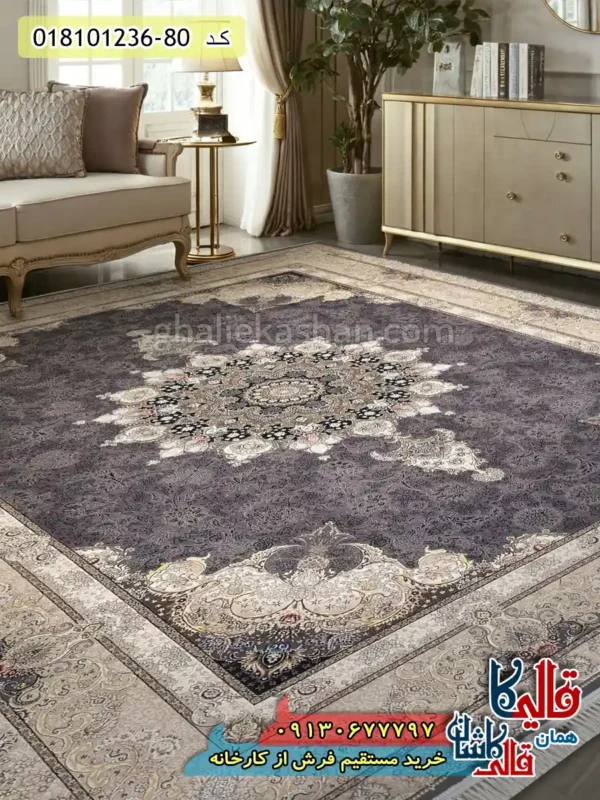 فرش 1200 شانه طرح تبریزان زمینه طوسی متالیک کاشان دکوراسیون