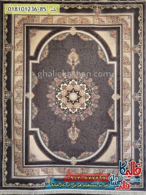 فرش 1200 شانه طرح طاق بستان زمینه طوسی متالیک کاشان اصلی