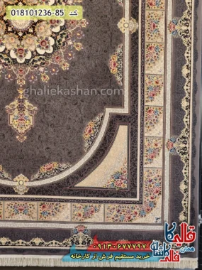 فرش 1200 شانه طرح طاق بستان زمینه طوسی متالیک کاشان حاشیه