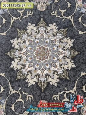 فرش 1500 شانه طرح تندیس زمینه زغالی گل برجسته کاشان زمینه