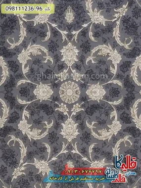 فرش طلاکوب 1200 شانه طرح افشان ملک زمینه طوسی گل برجسته کاشان زمینه