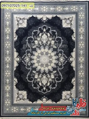 فرش طلاکوب 700 شانه طرح پراسو زمینه سرمه ای کاشان اصلی