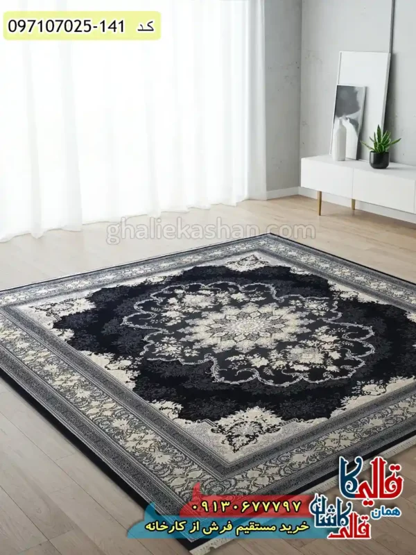 فرش طلاکوب 700 شانه طرح پراسو زمینه سرمه ای کاشان دکوراسیون