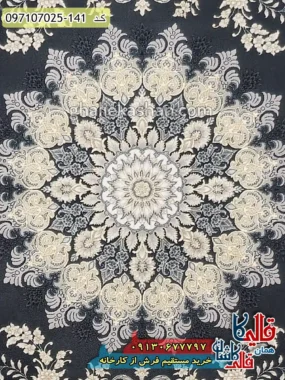 فرش طلاکوب 700 شانه طرح پراسو زمینه سرمه ای کاشان زمینه