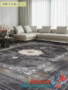 فرش طلاکوب وینتیج 1200 شانه طرح آرکا زمینه طوسی دودی گل برجسته کاشان دکوراسیون