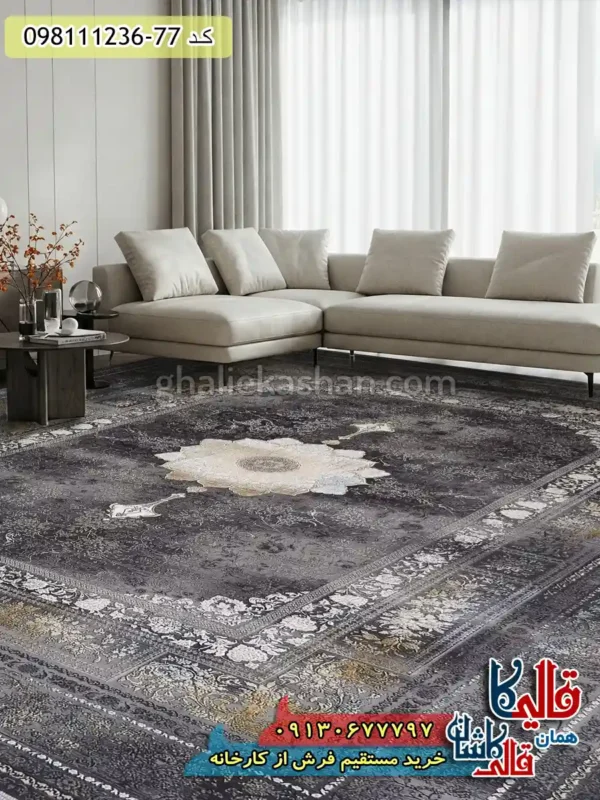 فرش طلاکوب وینتیج 1200 شانه طرح آرکا زمینه طوسی دودی گل برجسته کاشان دکوراسیون