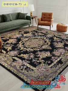 فرش 1200 شانه طرح آناهیتا زمینه سرمه ای کاشان دکوراسیون