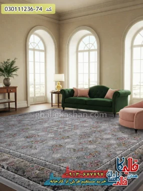 فرش 1200 شانه طرح افشان ترلان زمینه طوسی سیلور کاشان