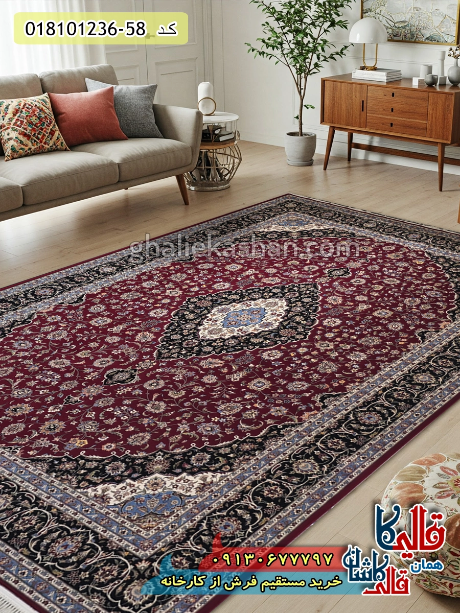 فرش 1200 شانه طرح کاشان زمینه قرمز روناسی کاشان دکوراسیون