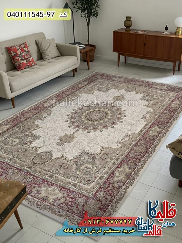 فرش 1500 شانه طرح پالمت زمینه سفید حاشیه لاکی گل برجسته کاشان دکوراسیون