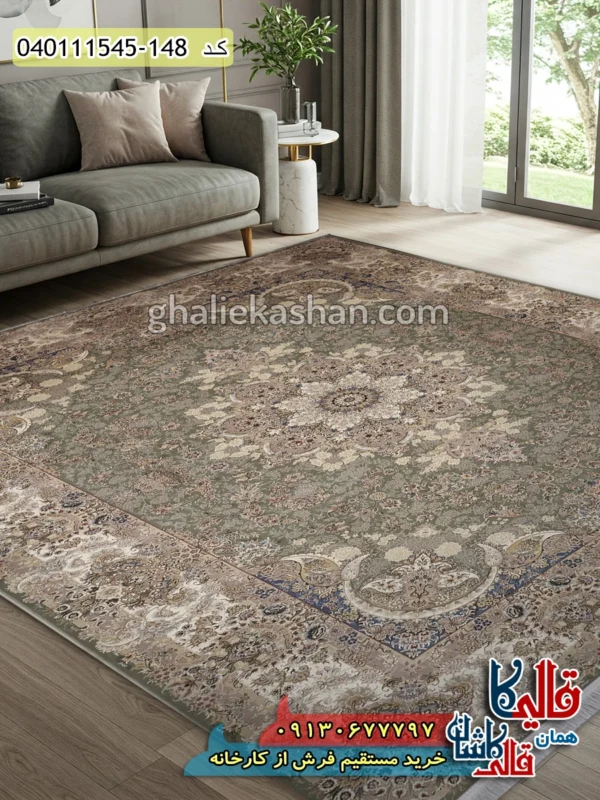 فرش 1500 شانه طرح یاقوت زمینه سبز گل برجسته کاشان دکوراسیون