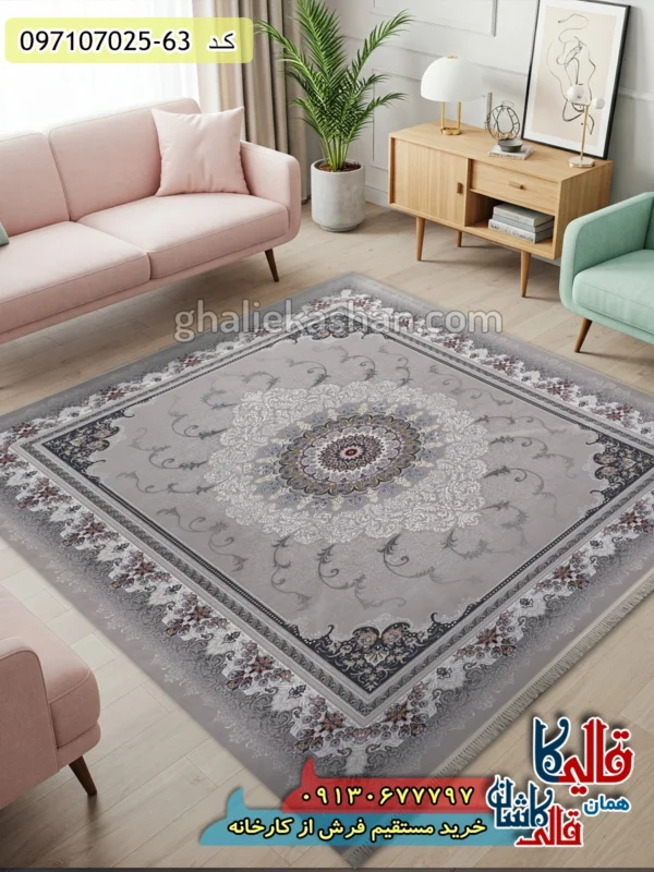 فرش 700 شانه طرح دلاریس زمینه طوسی نقره ای کاشان دکوراسیون