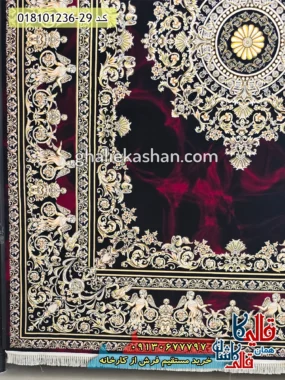 فرش طلاکوب 1200 شانه طرح آتنا زمینه قرمز لاکی کاشان حاشیه