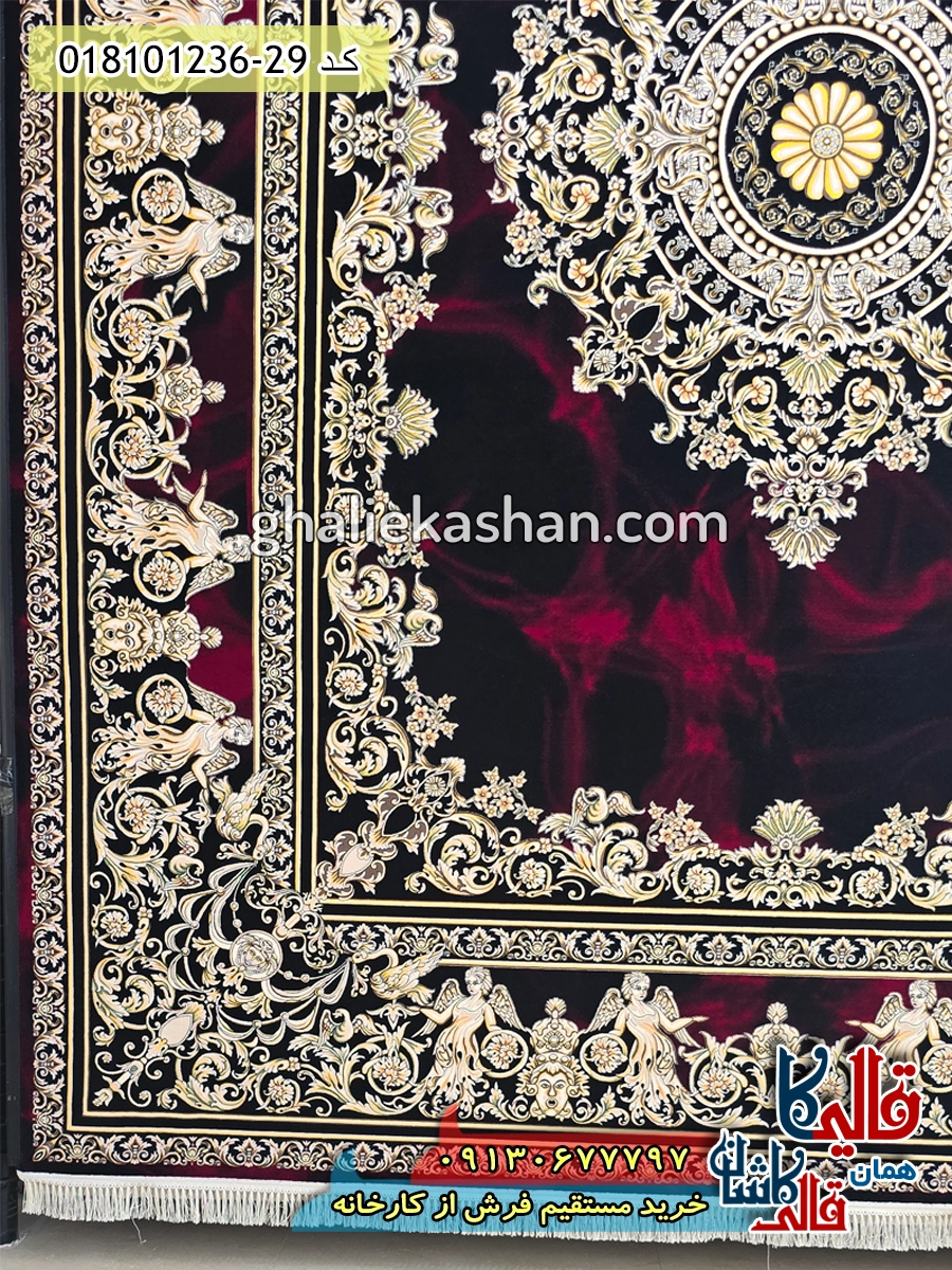 فرش طلاکوب 1200 شانه طرح آتنا زمینه قرمز لاکی کاشان حاشیه
