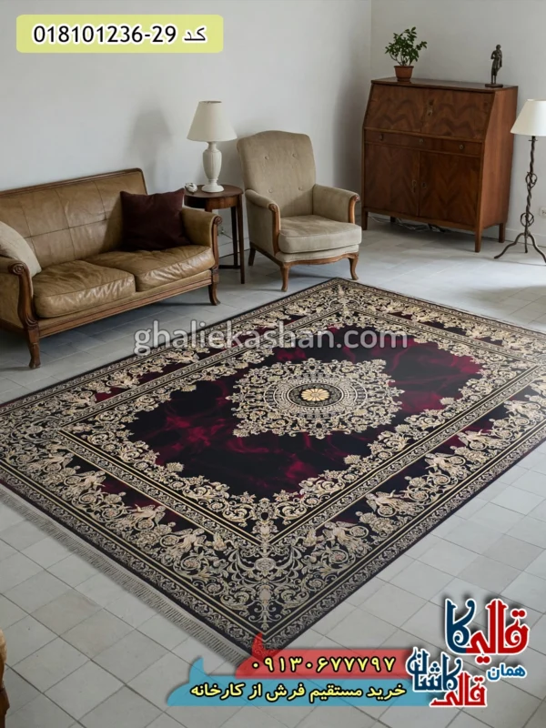 فرش طلاکوب 1200 شانه طرح آتنا زمینه قرمز لاکی کاشان دکوراسیون