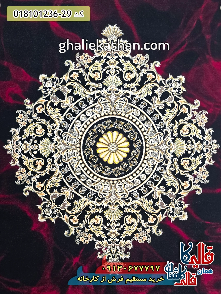 فرش طلاکوب 1200 شانه طرح آتنا زمینه قرمز لاکی کاشان زمینه