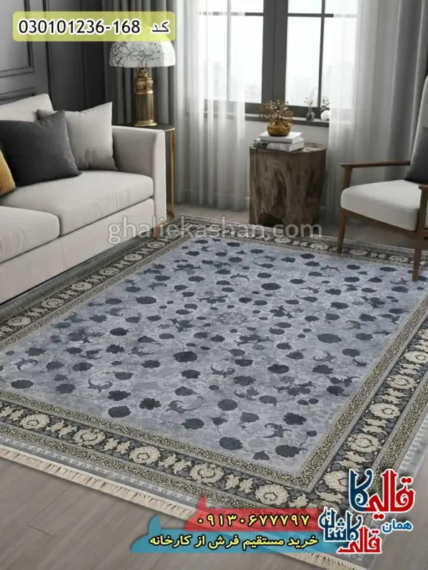 فرش طلاکوب 1200 شانه طرح افشان قصر زمینه طوسی کاشان دکوراسیون