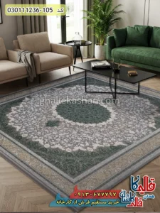 فرش طلاکوب 1200 شانه طرح کلاسیک زمینه فیلی سبز گل برجسته کاشان اصلی