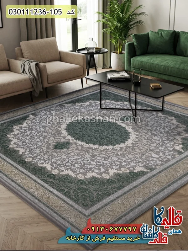 فرش طلاکوب 1200 شانه طرح کلاسیک زمینه فیلی سبز گل برجسته کاشان اصلی