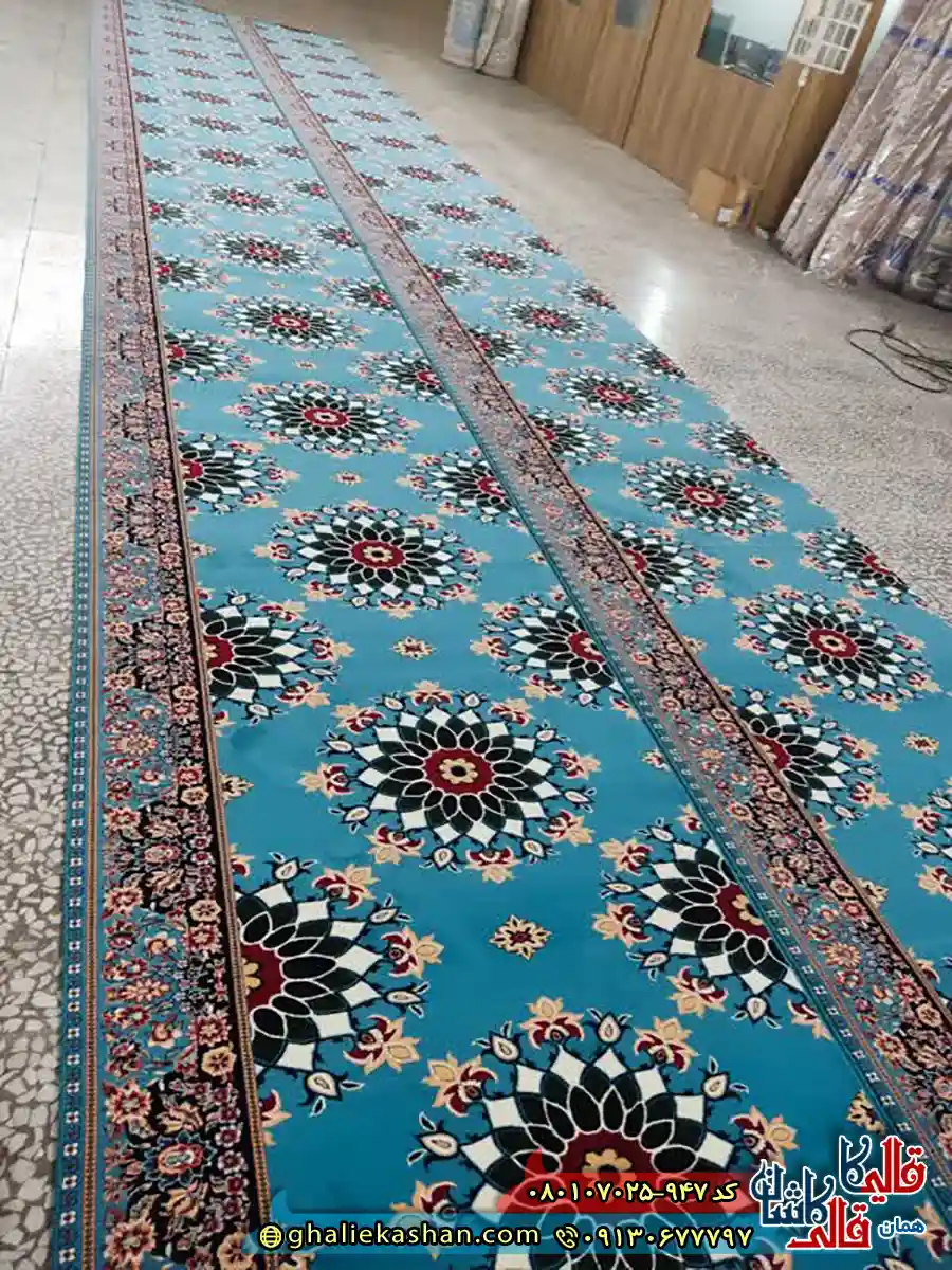 سجاده فرش 700 شانه طرح تشریفات گردون رنگ آبی کاشان رول