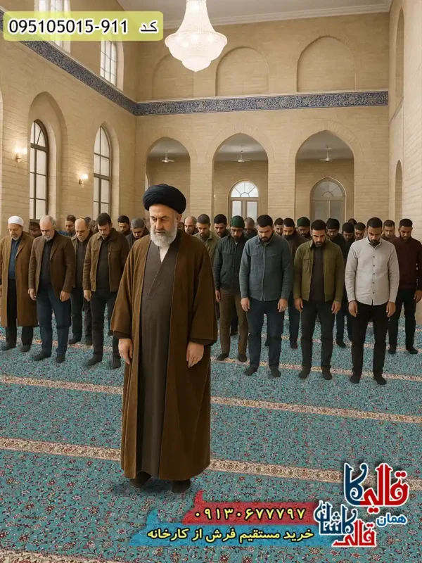 سجاده فرش نماز مسجد طرح 700 طرح تشریفات افشان رنگ آبی فیروزه ای کاشان 2