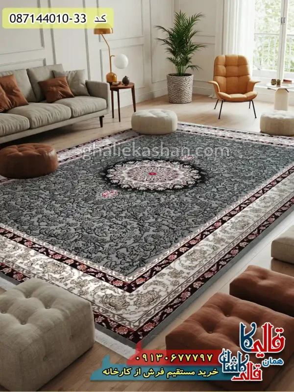 فرش ارزان طرح 700 شانه طرح تینا رنگ فیلی مشکی کاشان دکوراسیون