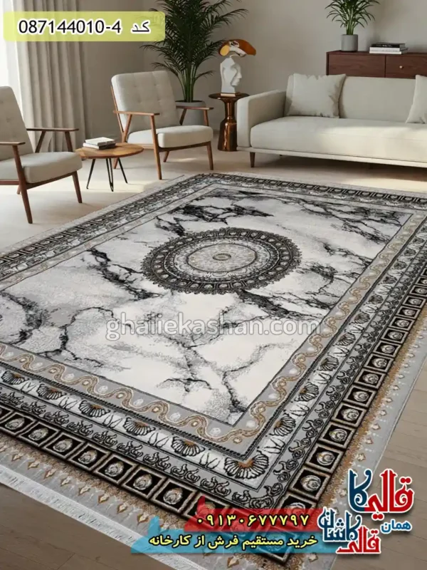 فرش ارزان طلاکوب طرح 700 شانه طرح ایتالیا رنگ طوسی نقره ای کاشان دکوراسیون