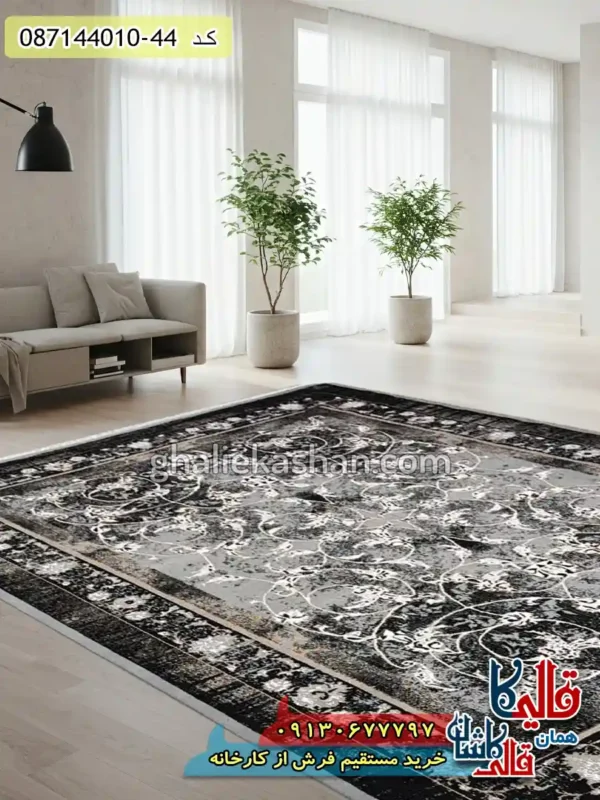 فرش ارزان طلاکوب وینتیج طرح 700 شانه طرح افشان دلانا رنگ فیلی مشکی کاشان دکوراسیون