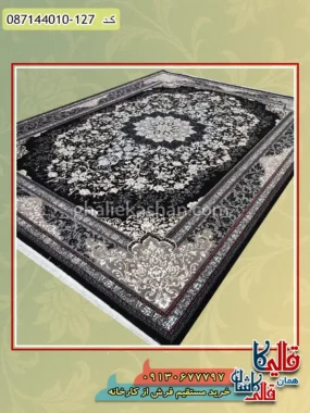 فرش طلاکوب ارزان طرح 700 شانه طرح تندیس رنگ سرمه ای کاشان اصلی