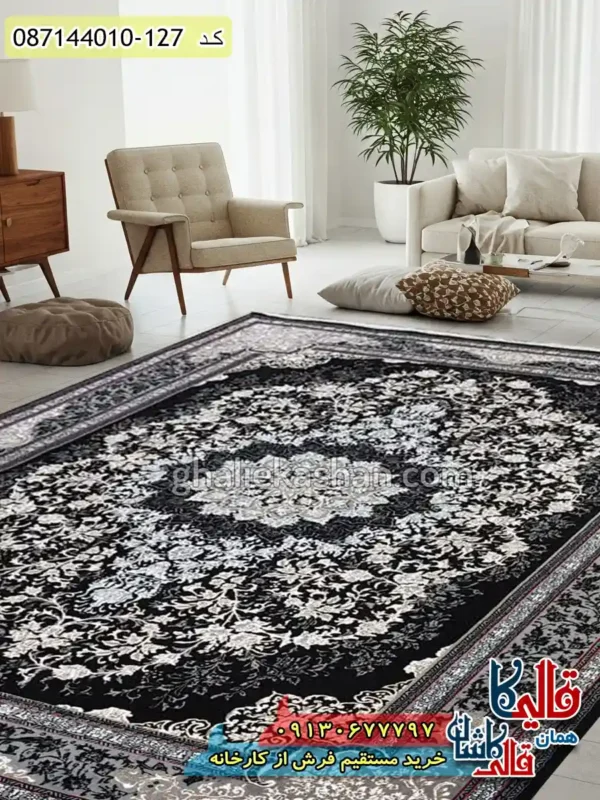 فرش طلاکوب ارزان طرح 700 شانه طرح تندیس رنگ سرمه ای کاشان دکوراسیون