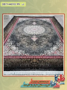 فرش وینتیج ارزان طرح 700 شانه طرح میران رنگ مشکی کاشان زمینه
