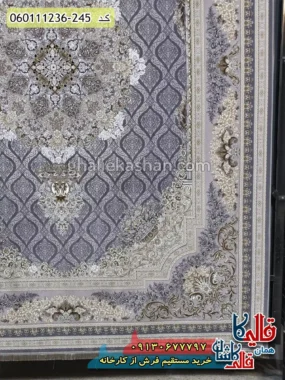 فرش طلاکوب 1200 شانه طرح مژده زمینه طوسی دلفینی گل برجسته کاشان حاشیه