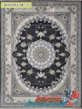 فرش طلاکوب 1500 شانه طرح معراج زمینه زغالی گل برجسته کاشان اصلی