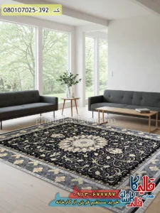 فرش طلاکوب 700 شانه طرح مهسا زمینه سرمه ای کاشان دکوراسیون