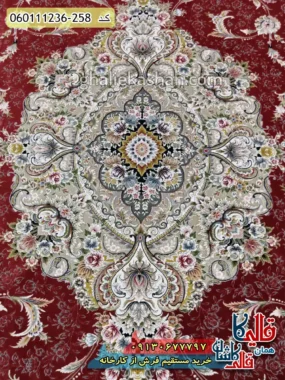 فرش 1200 شانه طرح ویلیام زمینه قرمز لاکی گل برجسته کاشان زمینه
