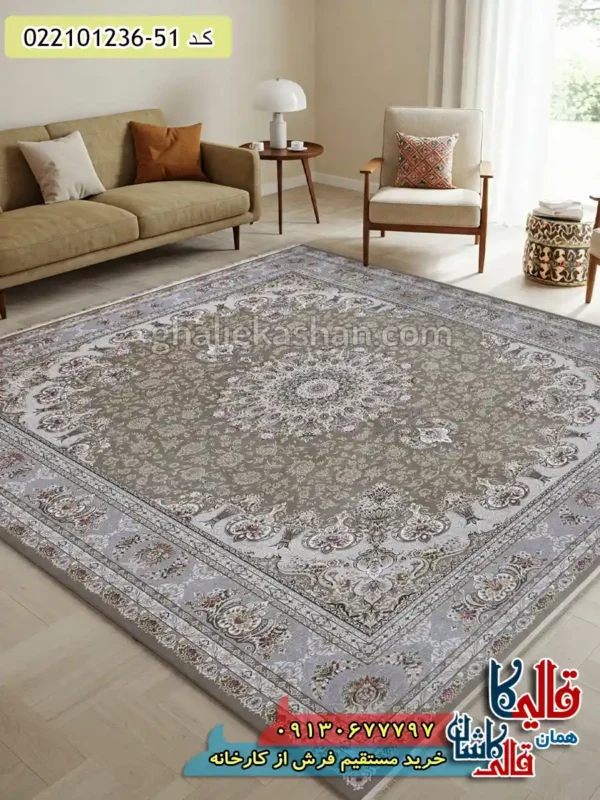 فرش 1200 شانه طرح پاشا رنگ قهوه ای نسکافه ای کاشان دکوراسیون