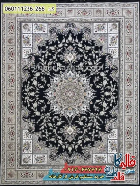 فرش طلاکوب 1200 شانه خشتی طرح وانیار زمینه سرمه ای گل برجسته کاشان اصلی