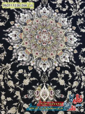 فرش طلاکوب 1200 شانه خشتی طرح وانیار زمینه سرمه ای گل برجسته کاشان زمینه