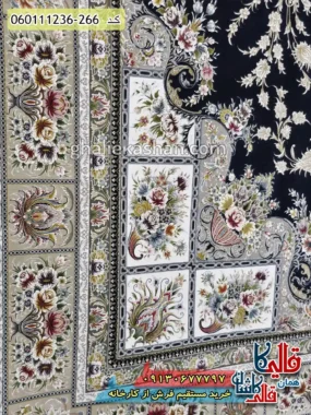 فرش طلاکوب 1200 شانه خشتی طرح وانیار زمینه سرمه ای گل برجسته کاشان نزدیک
