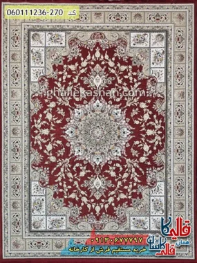 فرش طلاکوب 1200 شانه خشتی طرح وانیار زمینه قرمز لاکی گل برجسته کاشان اصلی