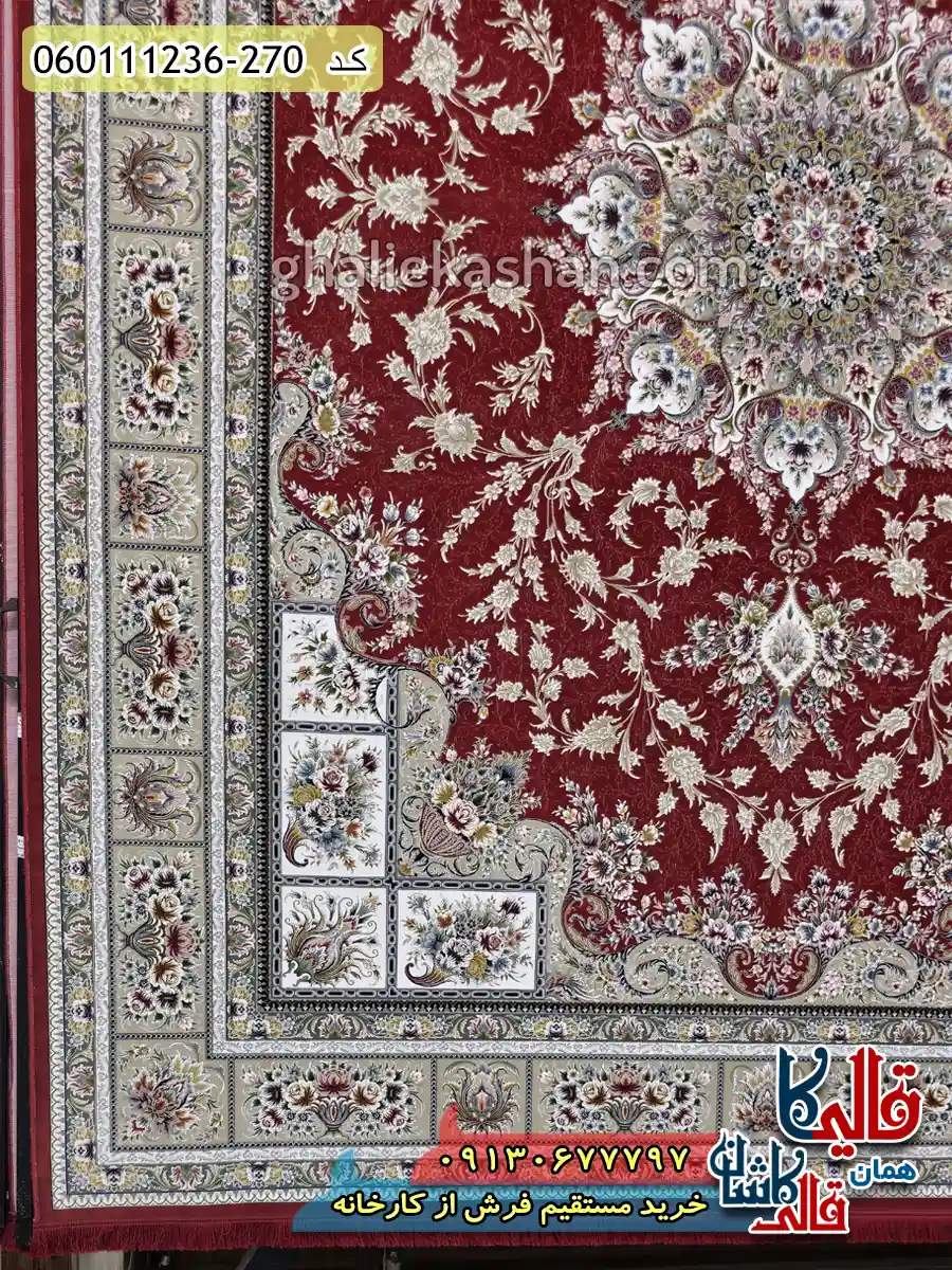 فرش طلاکوب 1200 شانه خشتی طرح وانیار زمینه قرمز لاکی گل برجسته کاشان حاشیه