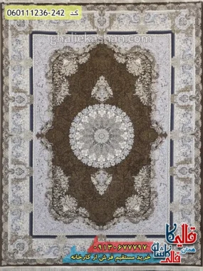 فرش طلاکوب 1200 شانه طرح جزیره زمینه قهوه ای شکلاتی گل برجسته کاشان اصلی