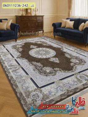 فرش طلاکوب 1200 شانه طرح جزیره زمینه قهوه ای شکلاتی گل برجسته کاشان