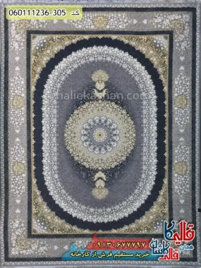 فرش طلاکوب 1200 شانه طرح صدرا رنگ طوسی گل برجسته کاشان اصلی