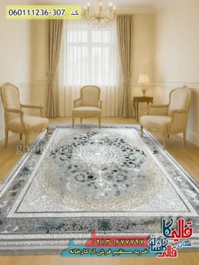 فرش طلاکوب 1200 شانه طرح نایین رنگ کرم صدفی گل سبز گل برجسته کاشان