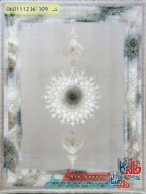 فرش طلاکوب 1200 شانه طرح ویکتوریا رنگ کرم صدفی سبز گل برجسته کاشان اصلی