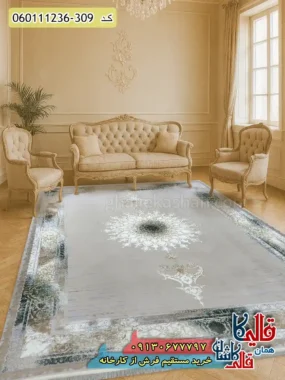 فرش طلاکوب 1200 شانه طرح ویکتوریا رنگ کرم صدفی گل سبز گل برجسته کاشان